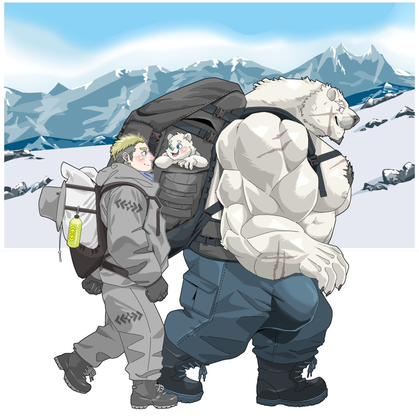 abs anthro arm_scar backpack bear beard big_bulge big_muscles big_pecs blonde_hair body_hair boots bottomwear brown_hair bulge carrying carrying_another chan_kiti_chan_(artist) chest_hair clothing coat facial_hair facial_scar family father father_and_child father_and_son footwear fur group hair hi_res hiking human human_on_anthro interspecies larger_anthro larger_male male male/male mammal mountain multicolored_hair muscular nipples pants parent parent_and_child pecs polar_bear scar shirtless size_difference smaller_human smaller_male snow son topwear trio ursine white_body white_fur winter