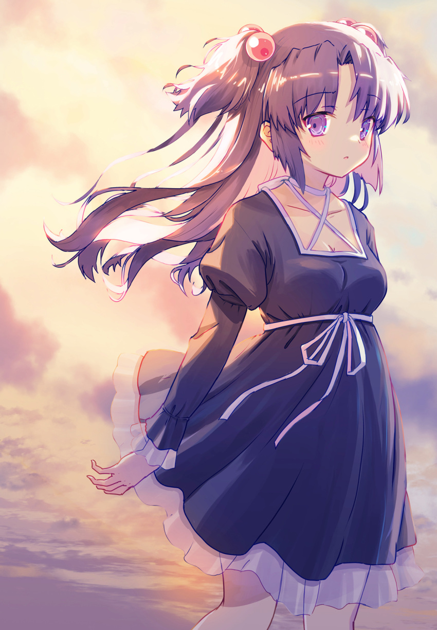 1girl akayama_yukihe arm_at_side backlighting black_dress blue_hair blush breasts clannad cleavage collarbone commentary cowboy_shot criss-cross_halter dress dusk floating_clothes floating_hair frilled_dress frilled_sleeves frills hair_bobbles hair_ornament halterneck highres ichinose_kotomi juliet_sleeves long_hair long_sleeves looking_at_viewer medium_breasts official_alternate_costume outdoors parted_bangs parted_lips puffy_sleeves purple_eyes ribbon sidelocks solo standing two_side_up white_ribbon