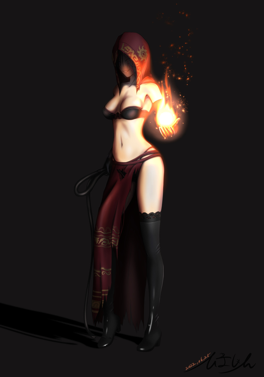 1girl absurdres bare_shoulders black_gloves black_thighhighs black_veil bra breasts brown_bra cleavage covered_face dark_souls_(series) dark_souls_ii desert_sorceress elbow_gloves energy_ball fire fireball gloves highres hood looking_at_viewer medium_breasts midriff navel nrww7577 red_hood skirt smile solo standing strapless thighhighs underwear veil whip_marks whipping