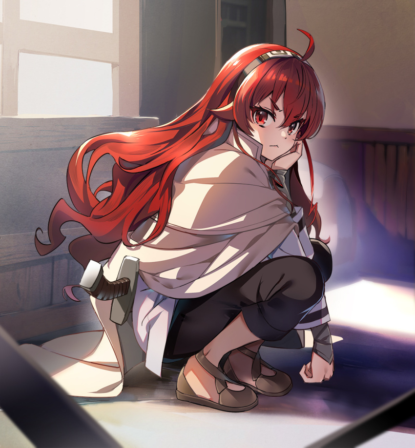 1girl black_pants brown_footwear cloak closed_mouth crossed_bangs duplicate eris_greyrat full_body hair_between_eyes hairband hand_on_own_chin highres long_hair long_sleeves looking_at_viewer mushoku_tensei nyoro_(nyoronyoro000) pants pixel-perfect_duplicate red_eyes red_hair shirt solo solo_focus squatting sword sword_on_back v-shaped_eyebrows weapon weapon_on_back white_shirt