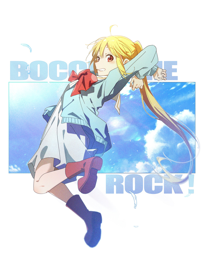 1girl absurdres ahoge arched_back arms_behind_head arms_up blonde_hair blue_cardigan blue_dress bocchi_the_rock! boots cardigan clenched_teeth cloud copyright_name dress feathers full_body highres ijichi_nijika long_hair long_sleeves neck_ribbon orange_eyes ponytail profile red_footwear red_ribbon ribbon sky solo teeth very_long_hair yoru_kiri