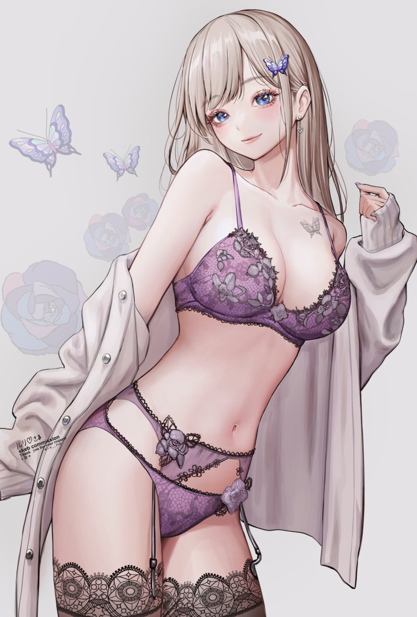 10_plus 1girl bare_shoulders black_thighhighs blonde_hair blue_eyes bra breasts bug butterfly butterfly_hair_ornament butterfly_tattoo cleavage collarbone commentary commission copyright_request earrings floral_print flower garter_belt grey_background hair_ornament hand_up heart heart_earrings highres jacket jacket_partially_removed jewelry lace-trimmed_bra lace-trimmed_panties lace-trimmed_thighhighs lace_trim long_hair looking_at_viewer medium_breasts nail_polish navel panties print_bra print_panties purple_bra purple_nails purple_panties skeb_commission stomach symbol-only_commentary tattoo thighhighs twitter_username underwear white_jacket