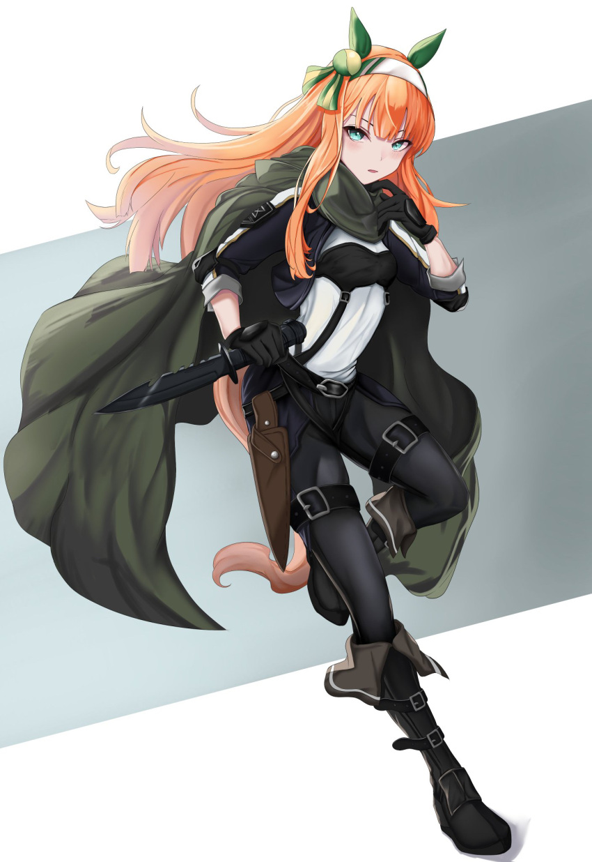 1girl alternate_costume animal_ears aqua_eyes belt black_belt black_footwear black_gloves black_jacket black_pants boots breasts cape closed_mouth commentary_request ear_covers ear_ornament fold-over_boots full_body gloves green_cape hairband highres hime_cut holding holding_knife horse_ears horse_girl horse_tail jacket knife looking_at_viewer orange_hair pants peperoncino-sama shirt silence_suzuka_(umamusume) small_breasts solo tail umamusume white_hairband white_shirt