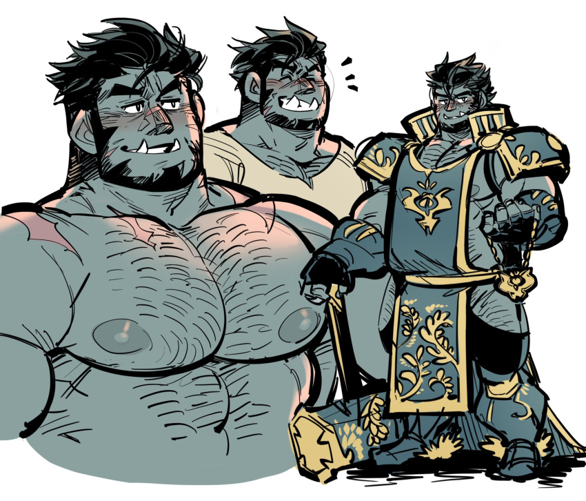 1boy abs armor bara beard blush chest_hair cleric colored_skin cropped_torso dungeons_and_dragons facial_hair full_body garza_(kokukokuboo) green_skin grin hammer happy_aura highres hip_vent kokukokuboo large_areolae large_pectorals looking_ahead male_focus mature_male monster_boy multiple_views muscular muscular_male navel_hair nipples nude orc original pauldrons pectoral_cleavage pectorals pelvic_curtain planted pointy_ears short_hair shoulder_armor sidepec smile strongman_waist thick_eyebrows thick_thighs thighs tusks