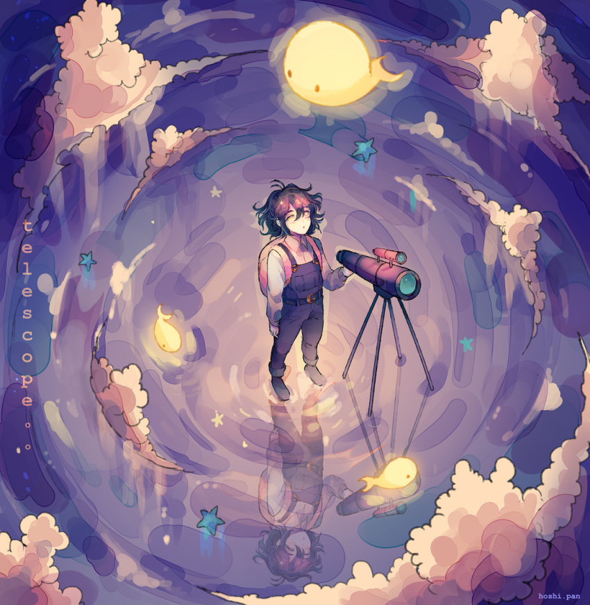 1boy :o antenna_hair artist_name backpack bag blue_overalls cloud collared_shirt commentary english_commentary english_text fish from_above holding_telescope hoshi-pan inktober long_sleeves messy_hair night open_mouth original overalls pink_bag purple_hair reflection reflective_water shirt short_hair solo standing standing_on_liquid star_(symbol) telescope upper_body white_shirt yellow_eyes