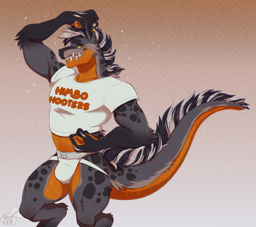 anthro belly_scales bulge clothing crocodilian fur grey_body grey_fur hi_res himbo_hooters hybrid hyena jockstrap kidcub male mammal orange_body orange_scales reptile saleos scales scalie sharp-teeth shirt smile solo spots spotted_body spotted_fur t-shirt topwear underwear uniform yellow_eyes