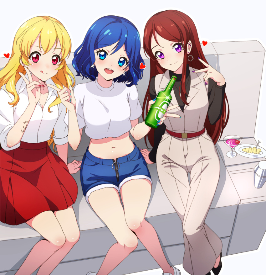 3girls aged_up aikatsu! aikatsu!_(series) beer_bottle belt blonde_hair blue_eyes blue_hair blue_nails blue_shorts blush brown_hair cocktail crop_top denim denim_shorts drink earrings heart highres holding holding_drink hoop_earrings hoshimiya_ichigo jewelry kiriya_aoi long_hair multiple_girls nail_polish open_mouth purple_eyes purple_nails red_eyes red_nails red_skirt rumo shibuki_ran shirt short_hair shorts sitting skirt smile soleil_(aikatsu!) star_(symbol) star_earrings swept_bangs white_shirt zipper