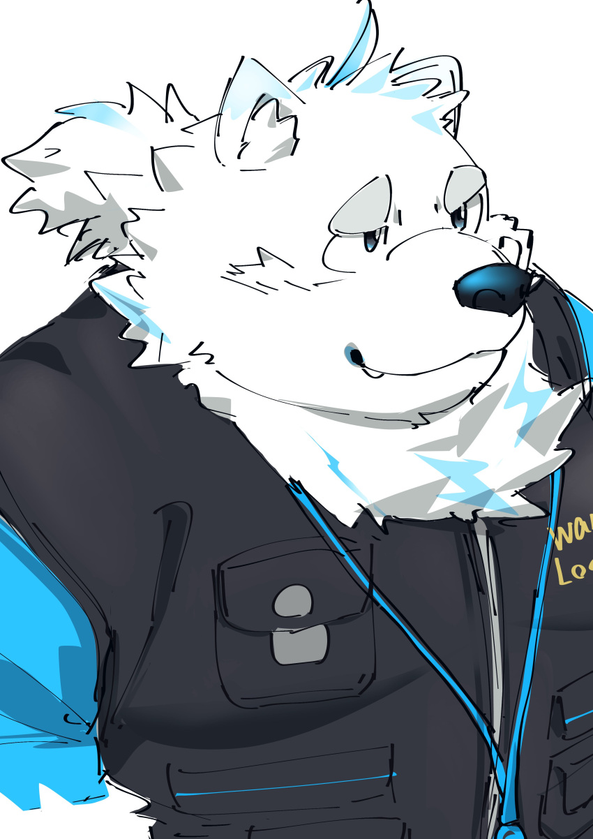 2023 absurd_res anthro black_nose blue_body canid canine clothed clothing fur hi_res kemono kipchin_2nd00 lifewonders live_a_hero male mammal overweight overweight_male portrait simple_background solo white_background white_body white_fur yohack