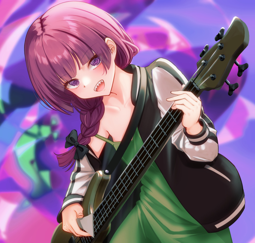 1girl @_@ bass_guitar black_jacket bocchi_the_rock! braid dress green_dress highres hiroi_kikuri ikeko_kei instrument jacket music playing_instrument psychedelic purple_eyes purple_hair sharp_teeth teeth