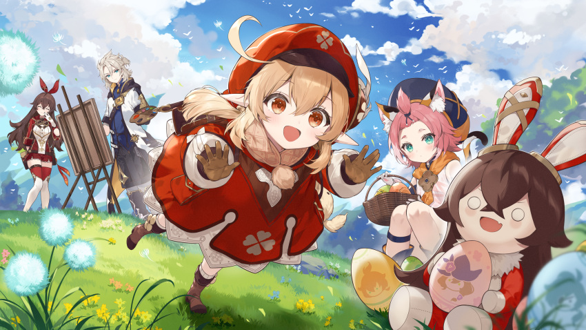 1boy 3girls albedo_(genshin_impact) amber_(genshin_impact) animal_ear_fluff animal_ears baron_bunny_(genshin_impact) basket blue_sky brown_gloves brown_hair brown_scarf brown_shorts cabbie_hat canvas_(object) cat_ears cat_girl cloud clover_print coat crossed_bangs dandelion diona_(genshin_impact) easter easter_egg egg flower genshin_impact gloves goggles goggles_around_neck grass hair_ribbon hat hat_feather hat_ornament highres holding holding_palette hooded_coat klee_(genshin_impact) light_brown_hair low_twintails multiple_girls necomi o_o open_mouth outdoors paint palette_(object) pink_hair pointy_ears red_coat red_headwear red_ribbon red_thighhighs ribbon scarf scenery short_shorts shorts sky stuffed_animal stuffed_rabbit stuffed_toy thick_eyebrows thighhighs twintails white_coat