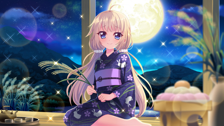 1girl ahoge animal_print barefoot blue_eyes blue_kimono blurry blurry_foreground chasen closed_mouth cloud cup dango dot_nose film_grain floral_print food full_moon game_cg hair_ornament hair_scrunchie holding holding_plant itsumura_haruka izumi_tsubasu japanese_clothes kimono lake light_brown_hair long_hair looking_at_viewer low_twintails moon mountain night night_sky non-web_source obi official_art plant rabbit_print re:stage! reflection reflective_water rice_stalk sash scrunchie sitting sky smile solo sparkle star_(sky) starry_sky teapot tsukimi_dango twintails very_long_hair wagashi wariza white_scrunchie yunomi