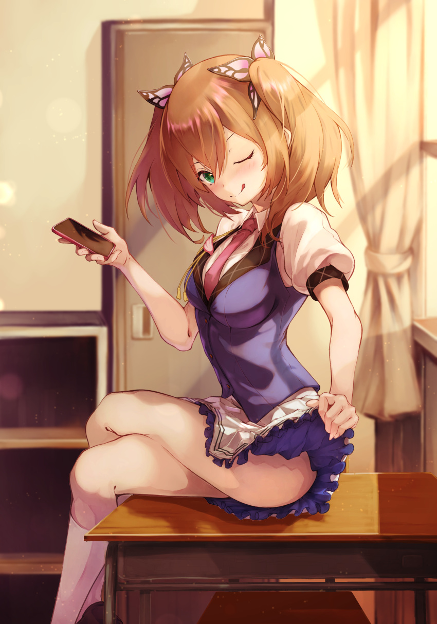 1girl :q ;) absurdres arm_at_side blue_vest blush breasts brown_hair butterfly_hair_ornament cellphone classroom cleavage clothes_lift commission crossed_legs desk double-parted_bangs eyelashes feet_out_of_frame frilled_skirt frills from_side green_eyes hair_between_eyes hair_ornament hand_up highres holding holding_phone indoors kneehighs lifted_by_self looking_at_viewer medium_breasts medium_hair mihama_saki miniskirt naughty_face necktie on_desk one_eye_closed online_neet phone puffy_short_sleeves puffy_sleeves red_necktie ren'ai_karichaimashita school_desk school_uniform second-party_source shirt short_sleeves sidelighting sitting sitting_on_desk skeb_commission skirt skirt_lift smartphone smile socks solo sunlight sunset thighs tongue tongue_out twintails vest white_shirt white_socks