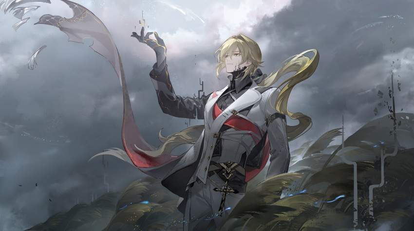 1boy androgynous arm_up asymmetrical_clothes black_sleeves blonde_hair cloud cloudy_sky corruption cross green_eyes hair_between_eyes highres honkai_(series) honkai_impact_3rd jewelry light_smile looking_up male_focus open_hand otto_apocalypse outdoors pants sky solo standing ste7619 upper_body white_pants white_sleeves