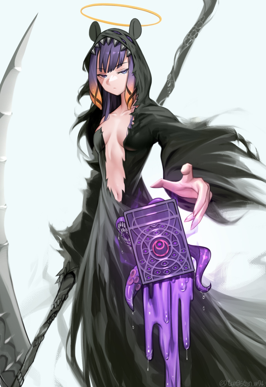 1girl ao-chan_(ninomae_ina'nis) blunt_bangs book cloak collarbone floating floating_book floating_object gradient_hair halo highres holding holding_scythe hololive long_hair multicolored_hair ninomae_ina'nis orange_hair purple_eyes purple_hair scythe sidelocks solo teeth tentacle_hair tentacles tungsten_(kwfr4544) virtual_youtuber weapon