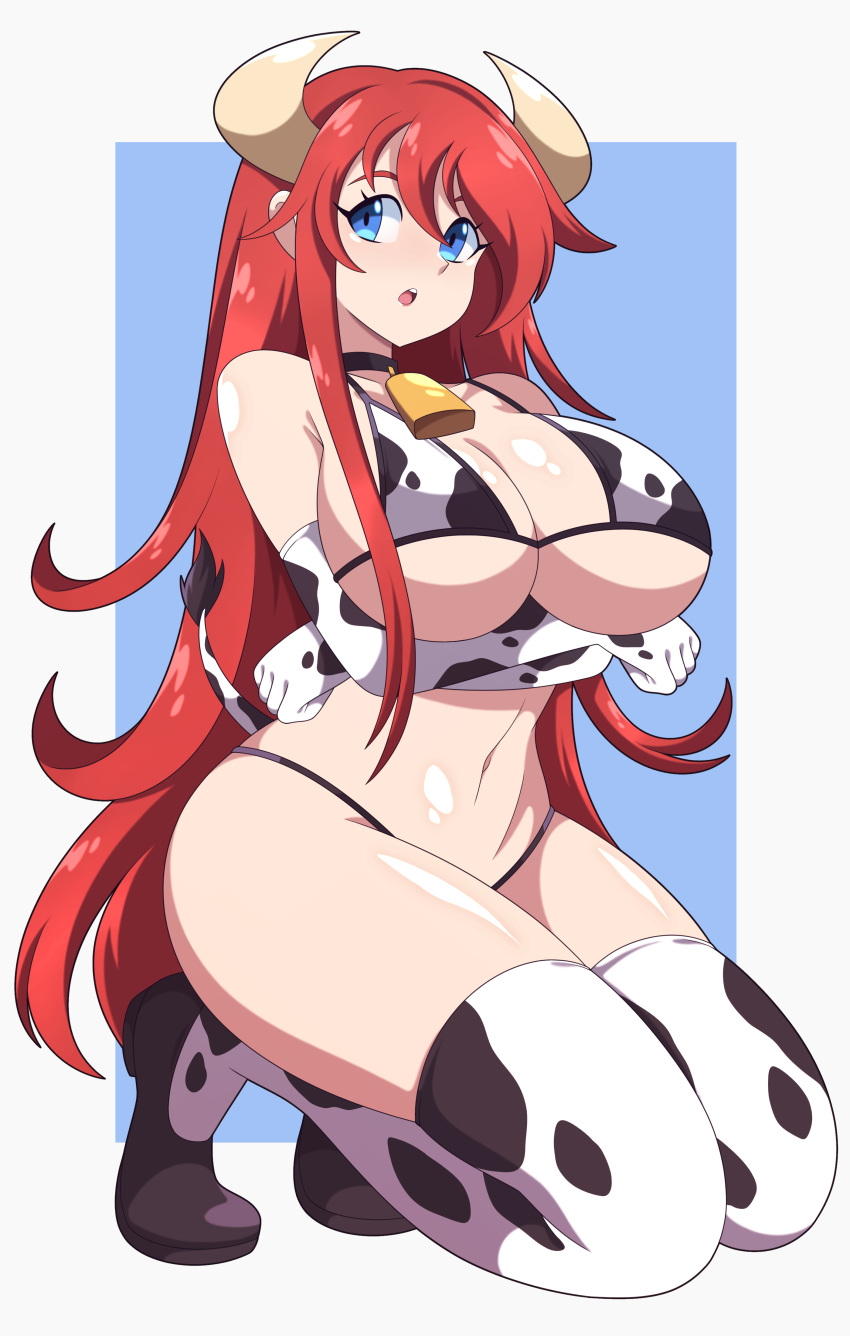 1girl :o absurdres abysswatchers animal_print arms_under_breasts bare_shoulders bell bikini black_footwear blue_background blue_eyes breasts commentary commission cow_girl cow_horns cow_print cow_tail cowbell elbow_gloves english_commentary gloves hair_between_eyes highleg highleg_bikini highres horns kneeling large_breasts long_hair looking_away navel neck_bell open_mouth original pixiv_commission print_bikini print_gloves print_thighhighs red_hair solo stomach swimsuit tail teeth thighhighs two-tone_background underboob upper_teeth_only very_long_hair white_background
