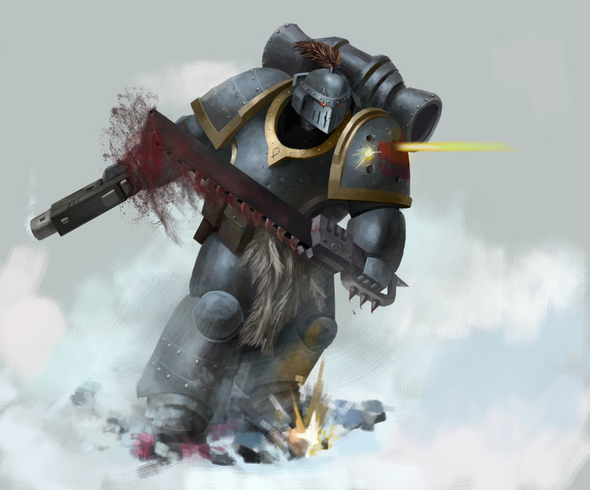 absurdres adeptus_astartes battle battle_damage blood bolter chainsword dual_wielding gun highres holding holding_gun holding_sword holding_weapon mad_mark power_armor snow space_wolves sword warhammer_40k weapon