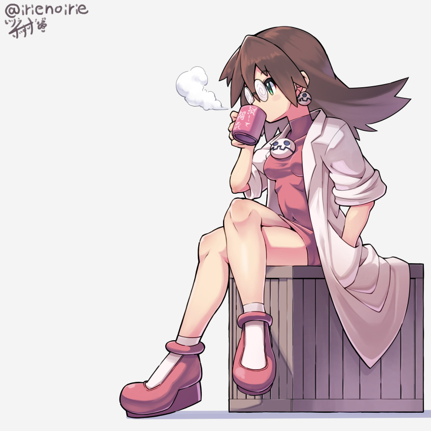 absurdres bare_legs box breasts brown_hair coat covered_navel cup dress drinking earrings glasses green_eyes highres irie_keisuke_(handn) jewelry lab_coat long_hair medium_breasts mega_man_(series) mega_man_legends mug navel pink_dress pink_footwear simple_background sitting sitting_on_box sitting_on_object tight_clothes tight_dress tron_bonne_(mega_man) twitter_username white_background white_coat wooden_box