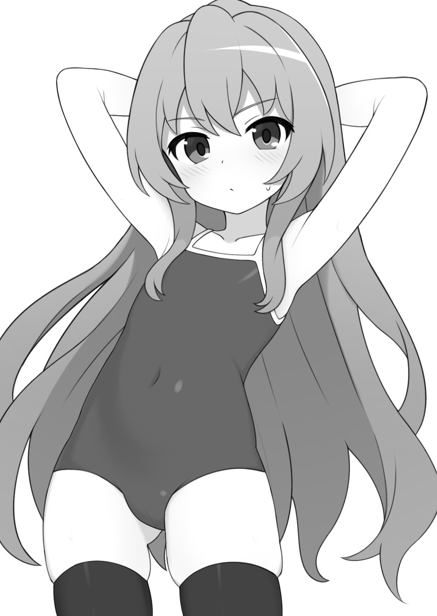 1girl aisaka_taiga arms_behind_back black_thighhighs blush collarbone commentary cowboy_shot dot_mouth dot_nose flat_chest greyscale highres long_hair looking_at_viewer mikoscrub monochrome navel one-piece_swimsuit simple_background skindentation solo swimsuit symbol-only_commentary thighhighs toradora! white_background