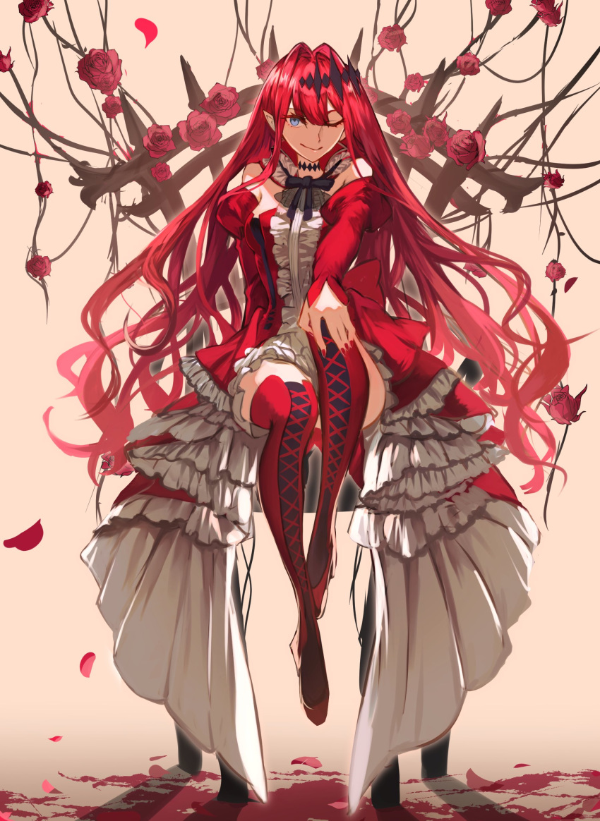 1girl absurdres baobhan_sith_(fate) bare_shoulders center_frills character_hood choker detached_collar detached_sleeves dress earrings fate/grand_order fate_(series) flower frills grey_eyes hand_up highres jewelry kashia long_hair looking_at_viewer pink_hair pointy_ears red_dress red_flower red_rose red_thighhighs rose sidelocks simple_background sitting smile solo thighhighs tiara