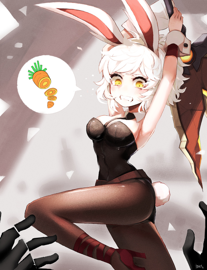 1girl animal_ears attack belt black_necktie black_pantyhose breasts carrot detached_collar fake_tail high_heels highres holding holding_sword holding_weapon hwaryeok league_of_legends leotard medium_breasts medium_hair necktie pantyhose playboy_bunny rabbit_ears rabbit_tail red_footwear riven_(league_of_legends) speech_bubble strapless strapless_leotard sword tail teeth weapon white_hair yellow_eyes