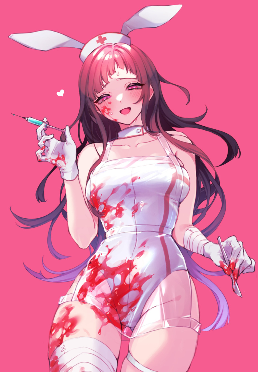 1girl :d absurdres alternate_costume amido_(compassion273) animal_ears bandaged_leg bandages bare_shoulders blood blood_on_clothes blush breasts collarbone cowboy_shot danganronpa_(series) danganronpa_2:_goodbye_despair fake_animal_ears gloves hat heart highres holding holding_knife holding_syringe knife large_breasts leotard long_hair nurse_cap open_mouth pink_background pink_eyes pink_theme purple_hair rabbit_ears simple_background single_thighhigh smile solo syringe thighhighs tsumiki_mikan white_gloves white_leotard