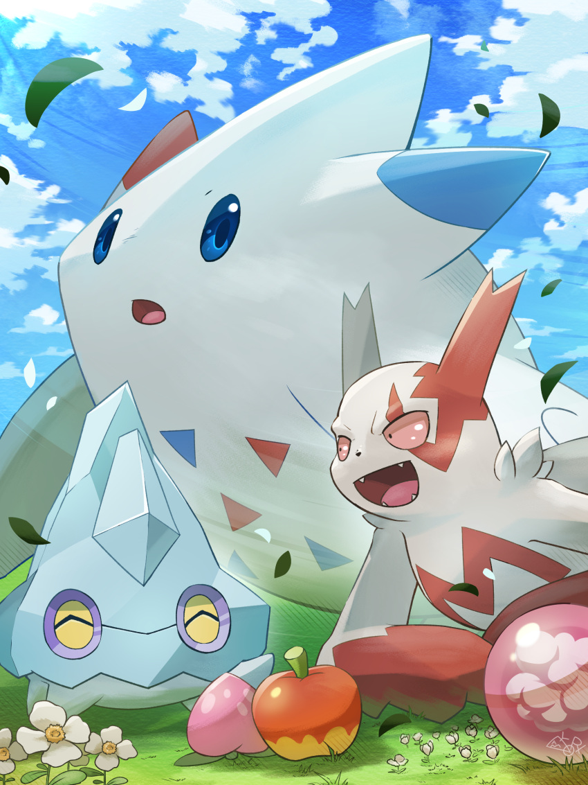 absurdres bergmite blue_flower blue_sky closed_eyes cloud day falling_leaves flower food fruit grass hakkentai_pokedan highres leaf no_humans on_grass open_mouth outdoors pokemon pokemon_(creature) sky togekiss zangoose