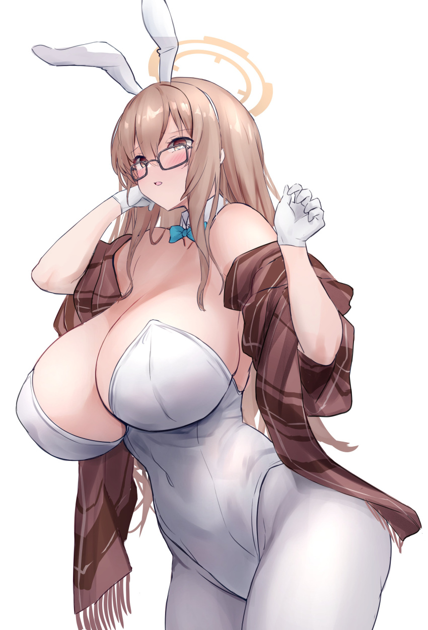 1girl absurdres akane_(blue_archive) akane_(bunny)_(blue_archive) animal_ears blue_archive blue_bow blue_bowtie blush bow bowtie brown_eyes covered_navel cowboy_shot detached_collar fake_animal_ears glasses gloves hair_between_eyes halo highres leotard light_brown_hair long_hair official_alternate_costume open_mouth pantyhose rabbit_ears simple_background solo strapless strapless_leotard white_background white_gloves white_leotard white_pantyhose yellow_halo yuuki_shuri
