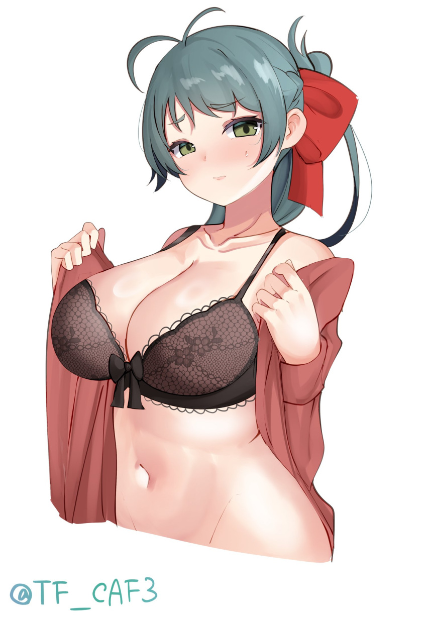 1girl antenna_hair black_bra bow bra breasts collarbone green_eyes green_hair hair_bow hair_ribbon highres irako_(kancolle) kantai_collection large_breasts long_hair long_sleeves looking_at_viewer open_clothes open_shirt ponytail ribbon shirt solo tf_cafe twitter_username underwear upper_body white_background