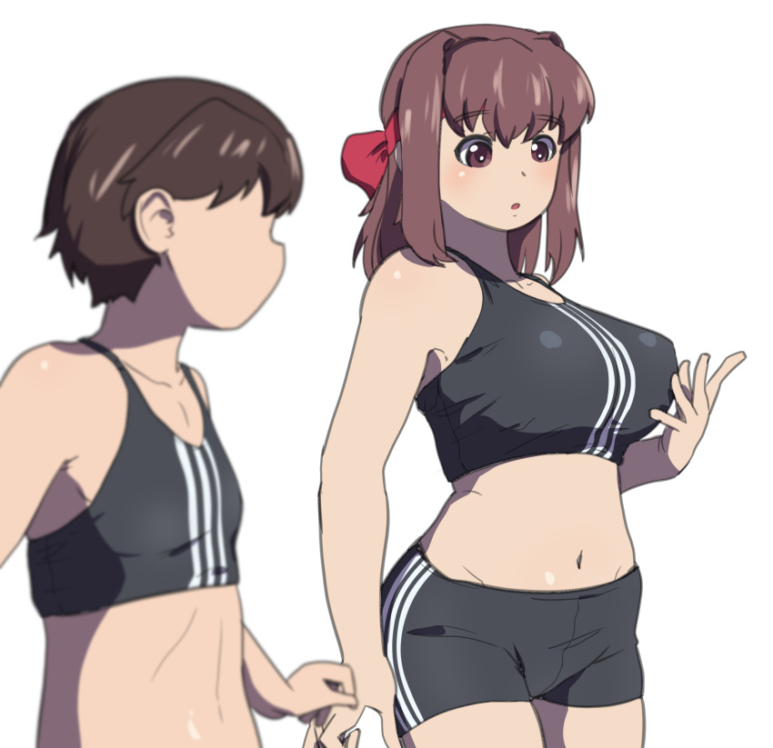 2girls :o bike_shorts black_shorts black_sports_bra blurry blurry_foreground breasts brown_eyes brown_hair commentary depth_of_field english_commentary flat_chest girls_und_panzer grabbing_own_breast groin highres huaronanago isobe_noriko kondou_taeko large_breasts looking_at_another looking_back medium_hair medium_support_(meme) meme midriff mixed-language_commentary multiple_girls navel open_mouth short_hair shorts simple_background sports_bra standing white_background