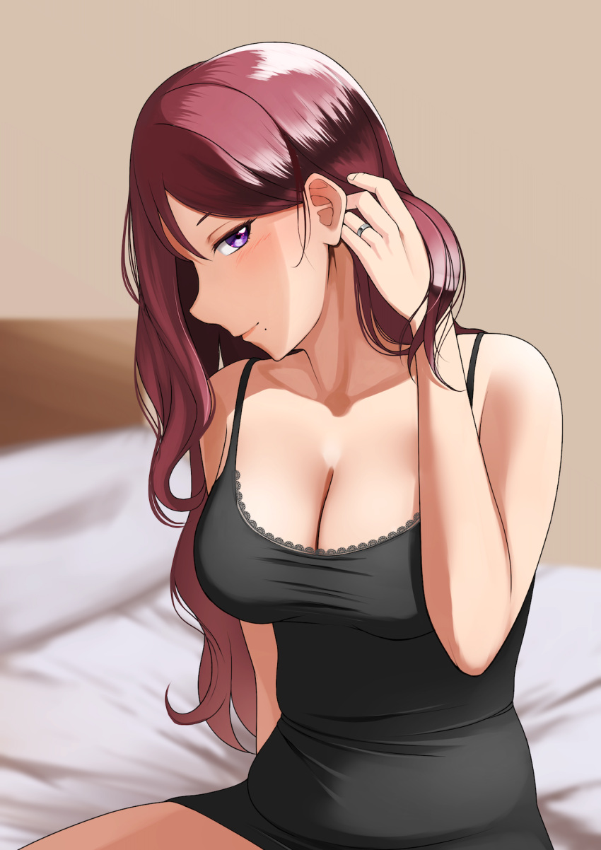 1girl adjusting_hair bed bed_sheet bedroom blurry blurry_background blush breasts collarbone commentary_request hair_behind_ear hand_in_own_hair highres indoors jewelry long_hair looking_at_viewer love_live! love_live!_school_idol_project lying mature_female medium_breasts mole mole_under_mouth nishikino_maki's_mother on_bed on_side pillow purple_eyes r2pi red_hair ring smile solo