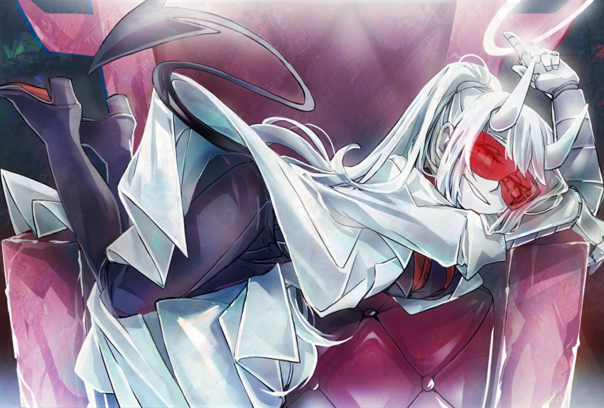 1girl black_footwear black_jacket black_necktie black_pants demon demon_horns demon_tail helltaker horns jacket lab_coat looking_at_viewer loremaster_(helltaker) mechanical_arms necktie pants ponytail red_shirt sennmannkai2929 shirt smirk tail white_hair white_horns