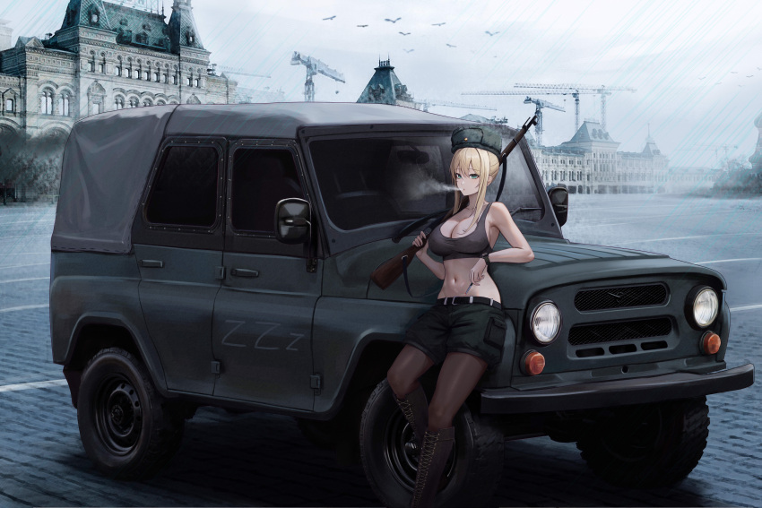 1girl absurdres belt bird black_pantyhose blonde_hair blue_eyes bolt_action boots breasts car cargo_shorts cigarette cleavage commission crane_(machine) cross-laced_footwear day feet_out_of_frame fog fur_hat gun hat highres holding holding_cigarette holding_gun holding_weapon kcar66t knee_boots large_breasts leaning_against_vehicle long_hair looking_at_viewer midriff military military_vehicle moscow mosin-nagant motor_vehicle navel original pantyhose pantyhose_under_shorts pixiv_commission real_world_location red_square rifle russia russo-ukrainian_war shorts sidelocks smoking solo tank_top thong uaz-469 ushanka weapon z_(russian_symbol)
