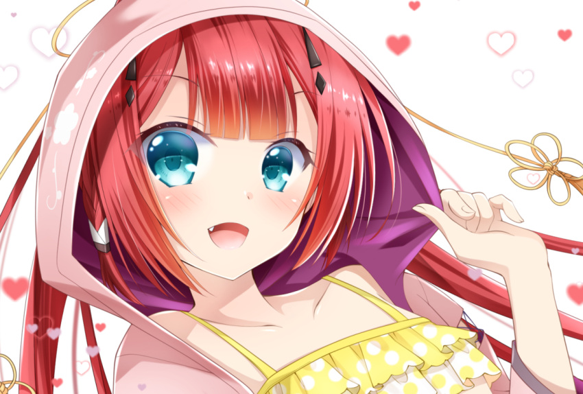 1girl 2020 :d aqua_eyes bikini blunt_bangs blush chibinon close-up collarbone commentary_request dated_commentary eyelashes fang fingernails hand_up happy heart hood hood_up hooded_kimono japanese_clothes kamiyama_shiki kimono looking_at_viewer low_twintails open_mouth pink_kimono red_hair simple_background smile solo summer_pockets swimsuit twintails white_background yellow_bikini