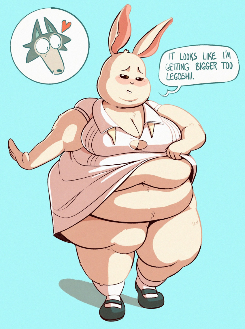 &lt;3 2020 anthro beastars belly belly_overhang big_belly big_ears blue_background blush breasts canid canine canis cleavage clothed clothing clothing_lift dialogue domestic_rabbit double_chin dress dwarf_rabbit ears_up english_text fat_rolls female footwear fur geodudeman124 haru_(beastars) hi_res lagomorph legoshi_(beastars) leporid looking_at_viewer male mammal obese obese_anthro obese_female oryctolagus overweight overweight_anthro overweight_female partially_clothed rabbit shirt shirt_lift shoes simple_background socks solo speech_bubble text thick_thighs topwear walking white_body white_fur wolf