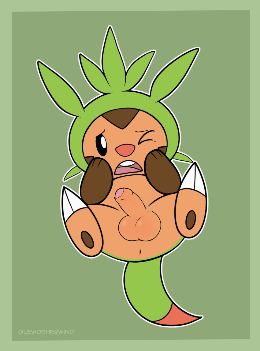anus balls brown_body butt chespin erection foreskin generation_6_pokemon genitals green_background hi_res hiding_face male nintendo penis pokemon pokemon_(species) sherwind52 simple_background solo spread_legs spreading tail