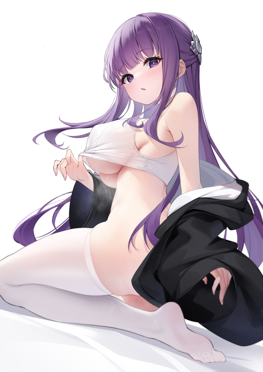 1girl absurdres black_coat blunt_bangs blush bottomless breasts coat covered_nipples crop_top fern_(sousou_no_frieren) floating_hair from_below from_side highres k.t.cube large_breasts long_hair looking_at_viewer open_clothes open_coat open_mouth purple_eyes purple_hair purple_pupils seiza sideboob sidelocks simple_background sitting soles solo sousou_no_frieren thighhighs underboob undressing very_long_hair white_background white_thighhighs