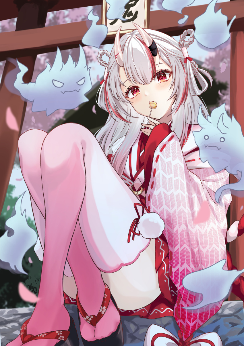 1girl absurdres candy clog_sandals crossed_legs floral_print food gradient_legwear harusame349 highres hololive horns karma_(nakiri_ayame) lollipop long_hair long_sleeves looking_at_viewer multicolored_hair nakiri_ayame oni_horns petals pink_thighhighs pom_pom_(clothes) red_eyes red_hair shiranui_(nakiri_ayame) sitting sleeves_past_wrists solo streaked_hair thighhighs torii virtual_youtuber white_hair wide_sleeves yagasuri