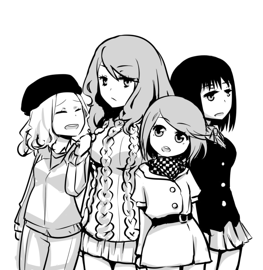 4girls :/ age_difference aran_sweater ascot belt beret black_hair black_headwear black_shirt breasts buttons cable_knit child closed_eyes closed_mouth coat commentary_request cosplay costume_switch dot_nose dress expressionless feet_out_of_frame frenda_seivelun from_side greyscale hair_between_eyes hand_up hat height_difference i.u.y item_(toaru) jacket kinuhata_saiai large_breasts long_hair looking_at_another looking_at_viewer medium_breasts medium_hair miniskirt monochrome mugino_shizuri multiple_girls no_nose open_mouth pants plaid_ascot pleated_skirt shirt short_dress short_hair short_sleeves simple_background skirt small_breasts sweater sweater_dress takitsubo_rikou teeth thighs toaru_majutsu_no_index toaru_majutsu_no_index:_old_testament track_jacket track_pants track_suit upper_teeth_only wavy_hair white_background white_dress white_sweater