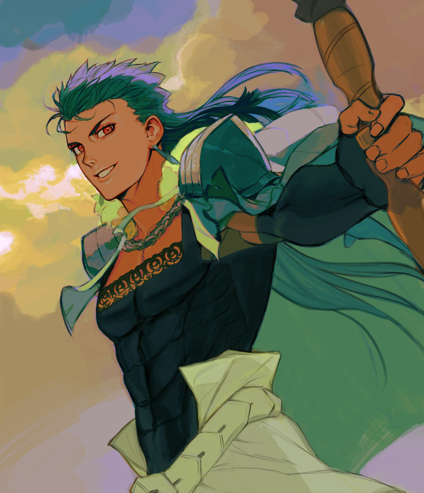 1boy baragi belt blue_hair capelet closed_mouth cu_chulainn_(caster)_(fate) cu_chulainn_(fate) earrings fang fate/grand_order fate_(series) floating_hair foreshortening fur-trimmed_hood fur_trim grin highres holding holding_staff hood hood_down hooded_capelet jewelry long_hair looking_at_viewer male_focus outdoors pectorals red_eyes skin_tight sky smile solo spiked_hair staff