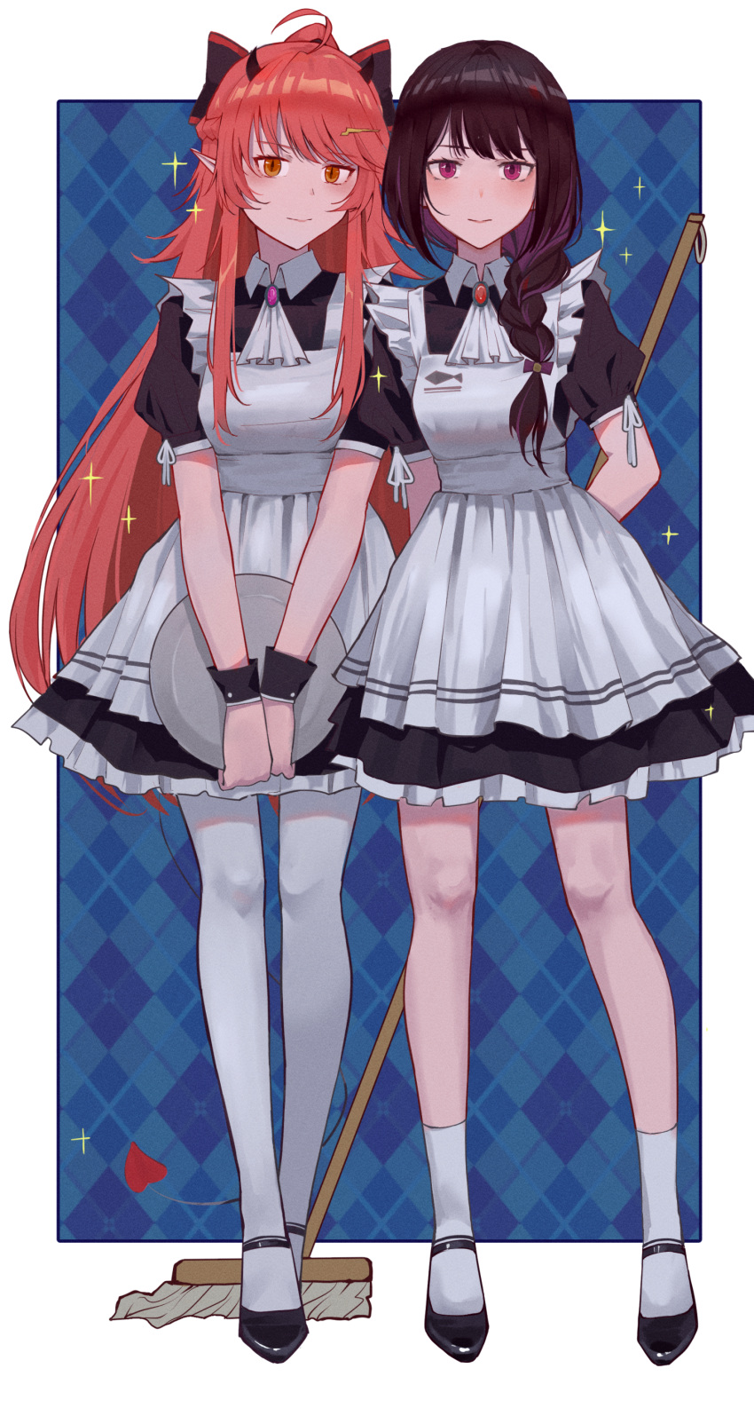 2girls absurdres ahoge animal_ears apron arms_behind_back ascot black_bow black_dress black_footwear blush border bow braid brown_eyes brown_hair cat_ears closed_mouth commentary_request demon_horns dress french_braid frilled_apron frills full_body gcef3535 hair_bow hair_ornament highres holding horns long_hair looking_at_viewer mahiru_(virtuareal) maid maid_apron maid_headdress mary_janes miki_(virtuareal) mop multiple_girls nijisanji outside_border pointy_ears ponytail puffy_short_sleeves puffy_sleeves purple_hair red_eyes red_hair ribbon shoes short_sleeves sidelocks single_braid skirt slit_pupils smile socks standing tray v_arms very_long_hair virtual_youtuber virtuareal waist_apron white_apron white_border wrist_cuffs