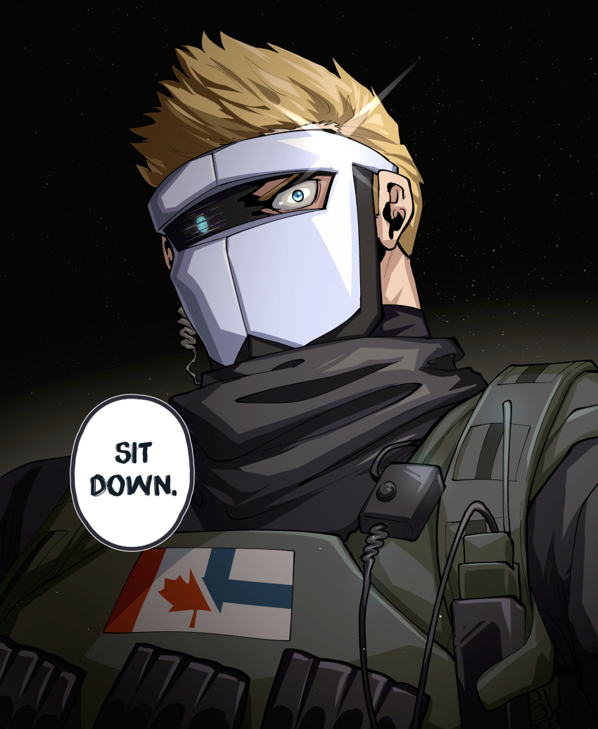 1boy absurdres artificial_eye blonde_hair broken_mask bulletproof_vest canadian_flag english_text flag_request frown glint glitch highres indie_virtual_youtuber kimakkun looking_at_viewer male_focus mask masked_himbo_(silvyspark) mechanical_eye military_uniform second-party_source serious short_hair solid_oval_eyes solo uniform upper_body