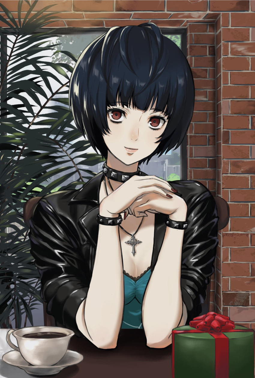 1girl aqua_dress black_choker black_hair black_jacket bob_cut box breasts brown_eyes brown_nails choker cleavage closed_mouth coffee commentary_request cross cross_necklace cup dress fingernails gift gift_box highres indoors ito_(daisukidanchi) jacket jewelry lips looking_at_viewer necklace open_clothes open_jacket own_hands_together persona persona_5 pink_lips plant short_hair sitting sleeves_rolled_up smile solo table takemi_tae window