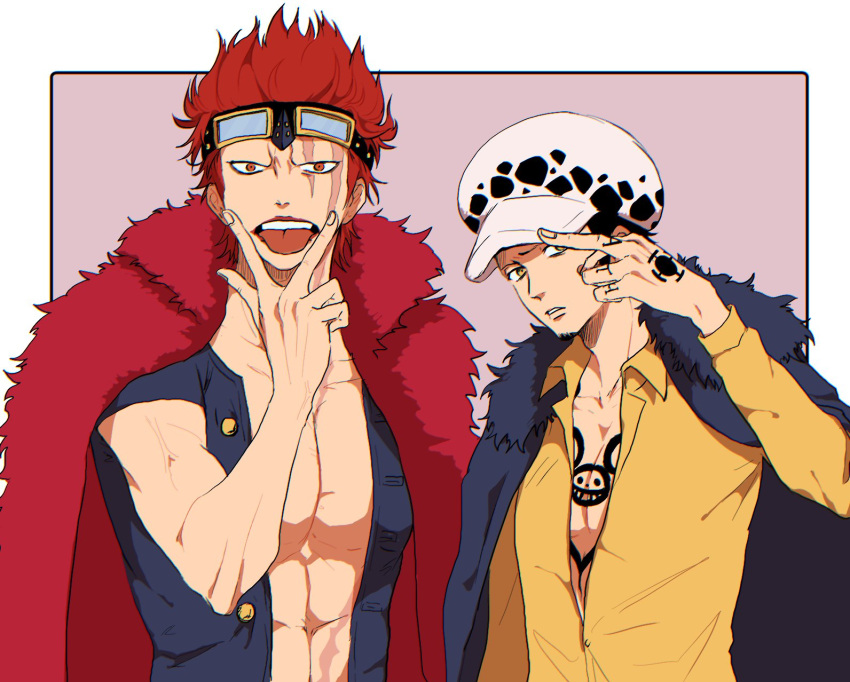 2boys abs black_hair cape chest_tattoo coat commentary eustass_kid facial_hair fur_cape fur_coat goatee goggles hand_tattoo hat highres long_sleeves looking_at_viewer male_focus middle_finger multiple_boys muscular muscular_male one_piece open_clothes open_mouth parted_lips pectorals piratesebine red_eyes red_hair shirt short_hair symbol-only_commentary tattoo teeth tongue tongue_out trafalgar_law v yellow_eyes yellow_shirt