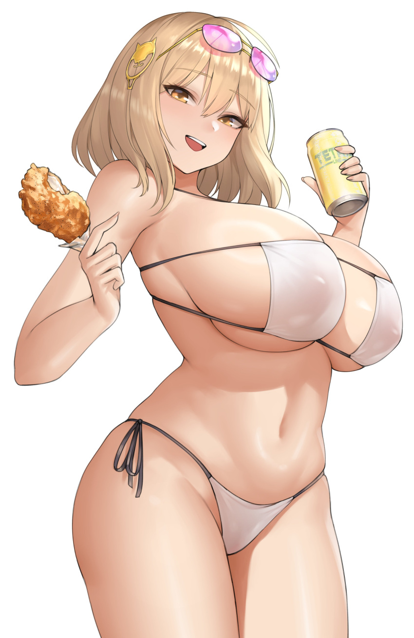 1girl absurdres anis_(nikke) anis_(sparkling_summer)_(nikke) bare_arms bare_shoulders bikini blonde_hair breasts can cat_hair_ornament eyewear_on_head food fried_chicken goddess_of_victory:_nikke hair_ornament highres holding holding_can holding_food huge_breasts kurone_rinka looking_at_viewer official_alternate_costume open_mouth pink-tinted_eyewear side-tie_bikini_bottom sideboob simple_background smile solo sunglasses swimsuit teeth thighs tinted_eyewear underboob upper_teeth_only white_background white_bikini yellow_eyes