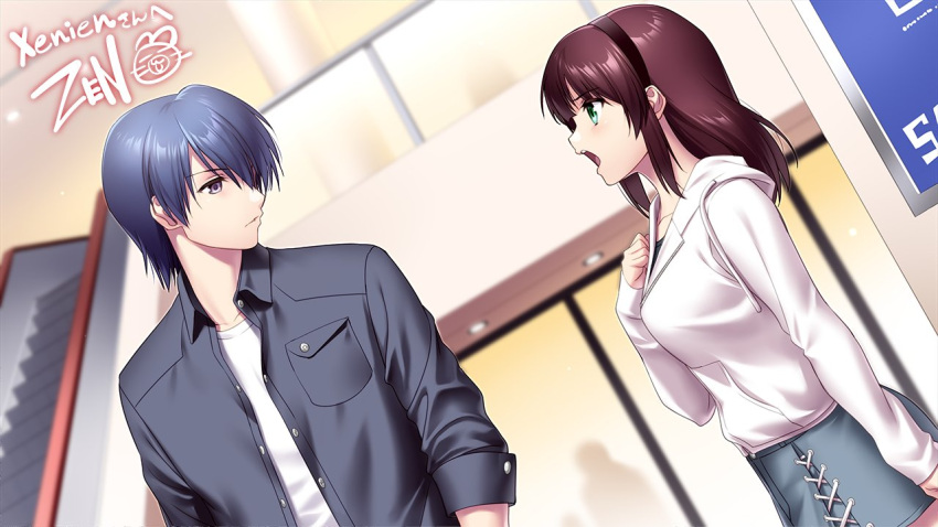 1boy 1girl angel_beats! arm_at_side black_hairband black_jacket blue_hair blurry blurry_background breasts casual closed_mouth collarbone commentary commission cross-laced_clothes cross-laced_skirt depth_of_field dutch_angle english_commentary eye_contact frown game_cg green_eyes grey_skirt hair_between_eyes hairband hand_up hinata_hideki hood hood_down hooded_jacket indoors jacket light_blush looking_at_another medium_breasts medium_hair miniskirt nakamura_yuri nose open_clothes open_jacket open_mouth paid_reward_available pencil_skirt purple_eyes purple_hair second-party_source shirt short_hair sidelocks signature skeb_commission skirt sleeves_past_wrists stairs teeth upper_teeth_only v-shaped_eyebrows white_jacket white_shirt zen_(kamuro)