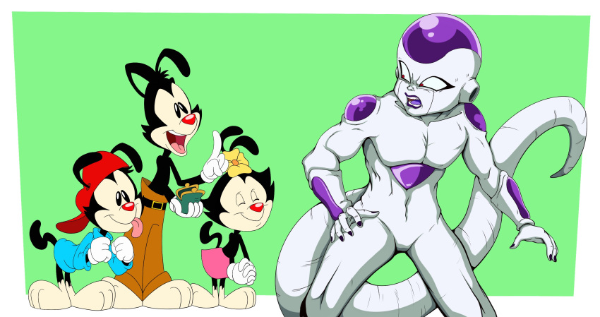 animaniacs anthro barefoot being_watched clothing crossover dot_warner dragon_ball feet female frieza frieza_race group hi_res inkblot looking_at_another looking_back male open_mouth scottforester17 sibling_(lore) simple_background smile tongue tongue_out wakko_warner warner_brothers yakko_warner