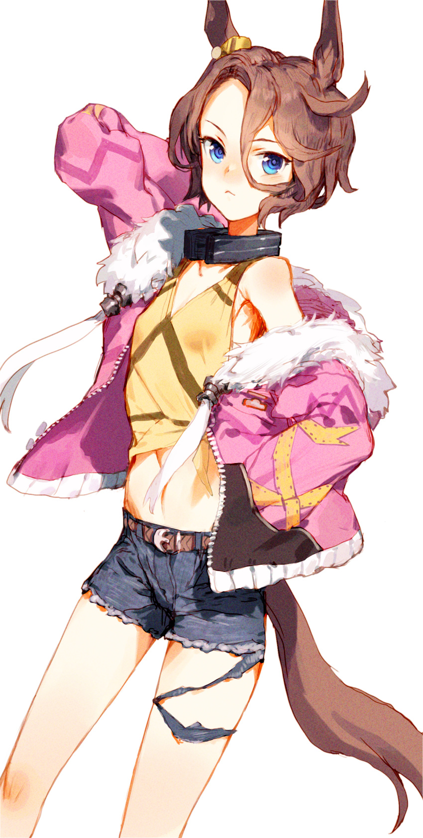 1girl absurdres animal_ears arm_up bare_shoulders blue_eyes breasts brown_hair closed_mouth codename47 collar commentary_request denim denim_shorts ear_ornament feet_out_of_frame fur-trimmed_jacket fur_trim hair_between_eyes hand_in_pocket highres horse_ears horse_girl horse_tail jacket jacket_partially_removed looking_at_viewer midriff narita_taishin_(umamusume) navel open_clothes open_jacket pink_jacket shirt short_hair shorts simple_background single_bare_shoulder sleeveless sleeveless_shirt small_breasts solo tail umamusume white_background yellow_shirt