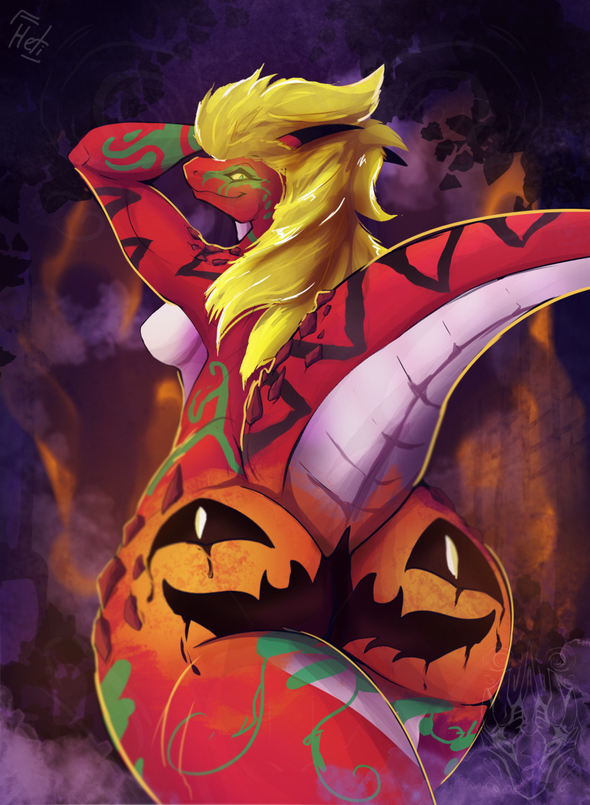 abstract_background anthro blonde_hair bodypaint breasts bubble_butt butt dragheti dragon eternia_(thewanderingcreator) eyelashes female hair halloween halloween_2023 hi_res holidays horn jack-o'-lantern leaf long_hair looking_at_viewer looking_back looking_back_at_viewer markings mature_female nude painted_butt raised_tail rear_view red_body solo tail thick_thighs watermark yellow_eyes yellow_sclera