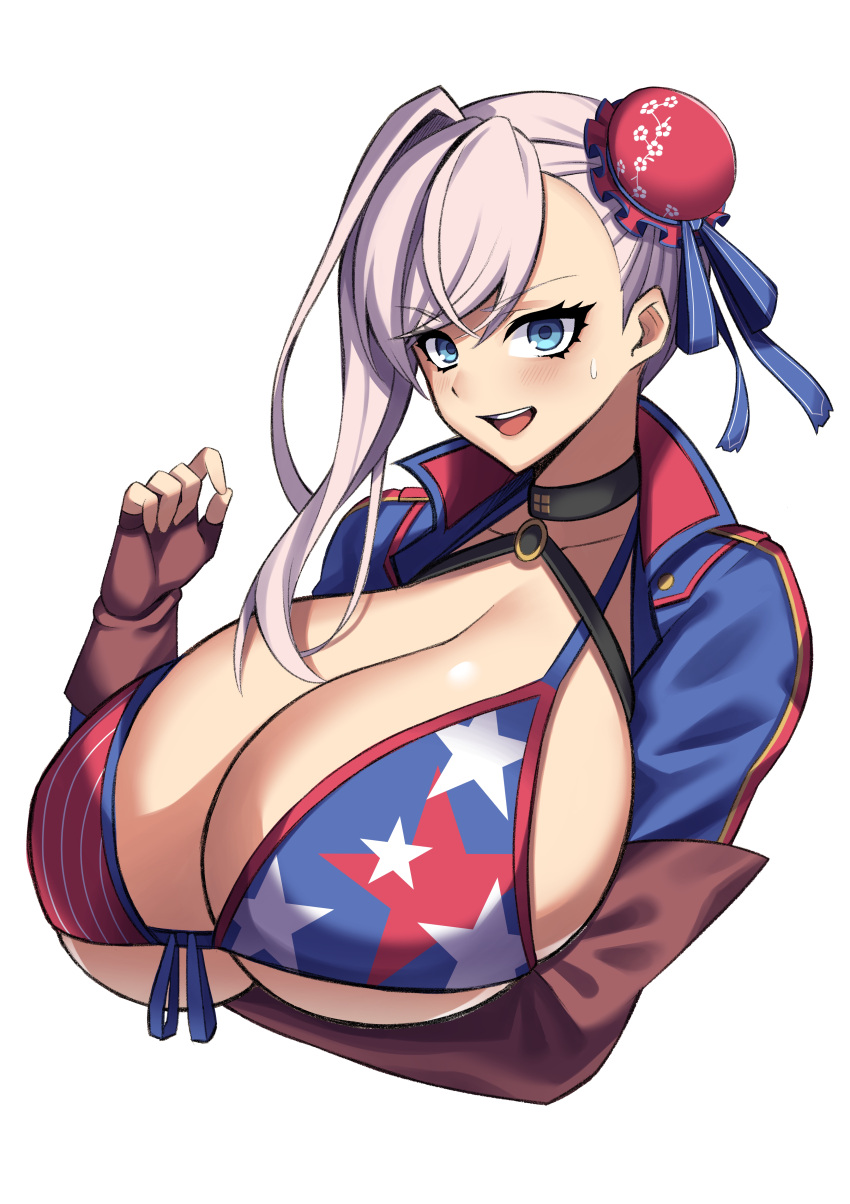 1girl absurdres american_flag_bikini arm_under_breasts bikini bikini_top_only black_choker blue_eyes blush breasts choker cleavage collarbone cropped_jacket eyebrows_hidden_by_hair fate/grand_order fate_(series) flag_print hair_bun hair_ribbon highres huge_breasts imuzi jacket miyamoto_musashi_(fate) miyamoto_musashi_(swimsuit_berserker)_(fate) miyamoto_musashi_(swimsuit_berserker)_(second_ascension)_(fate) open_mouth pink_hair ribbon solo swept_bangs swimsuit upper_body