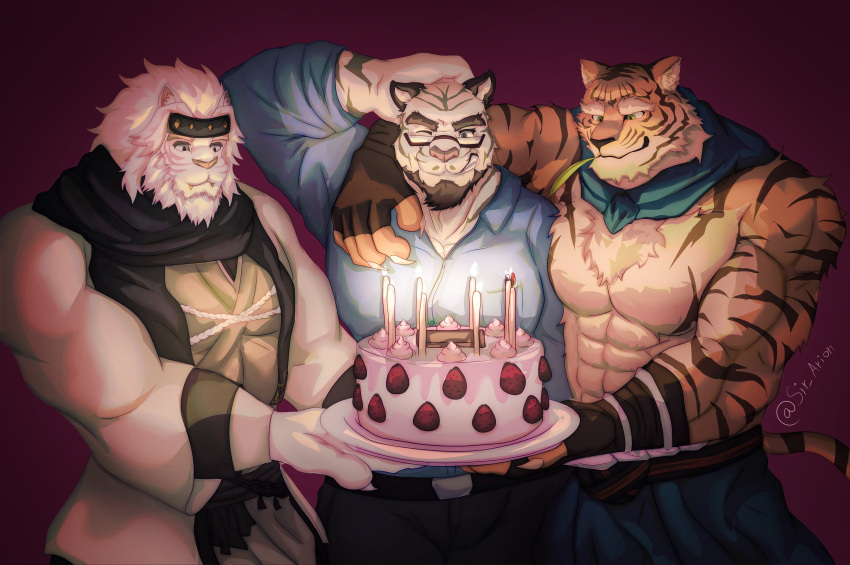 2022 abs absurd_res anthro arm_around_shoulders beard belt biceps birthday birthday_cake black_beard black_ears black_eyebrows blue_clothing blue_scarf blue_shirt blue_topwear bottomwear cake candle chest_fur clothed clothing colored dessert eyebrows eyewear facial_hair felid final_fantasy final_fantasy_xiv food fur glasses green_eyes group hair hi_res hrothgar jaclak male mammal markings multicolored_body multicolored_fur muscular muscular_anthro muscular_male one_eye_closed orange_body orange_ears orange_fur orange_tail pang_(sdorica) pantherine pants pecs pink_nose scarf scratching_head sdorica shirt shirtless signature sir_arion square_enix striped_body striped_fur striped_markings striped_tail stripes tail tail_markings tan_body tan_eyebrows tan_fur tan_tail tiger topwear triceps trio two_tone_body two_tone_fur two_tone_tail white_body white_fur white_hair